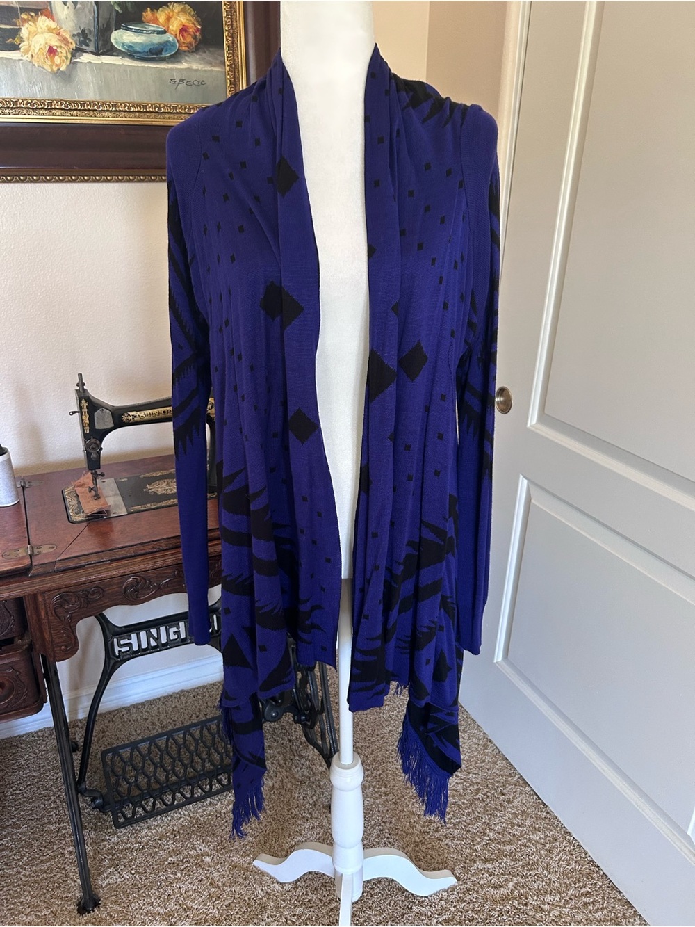 Bluish Purple and Black Fringe Cardigan
